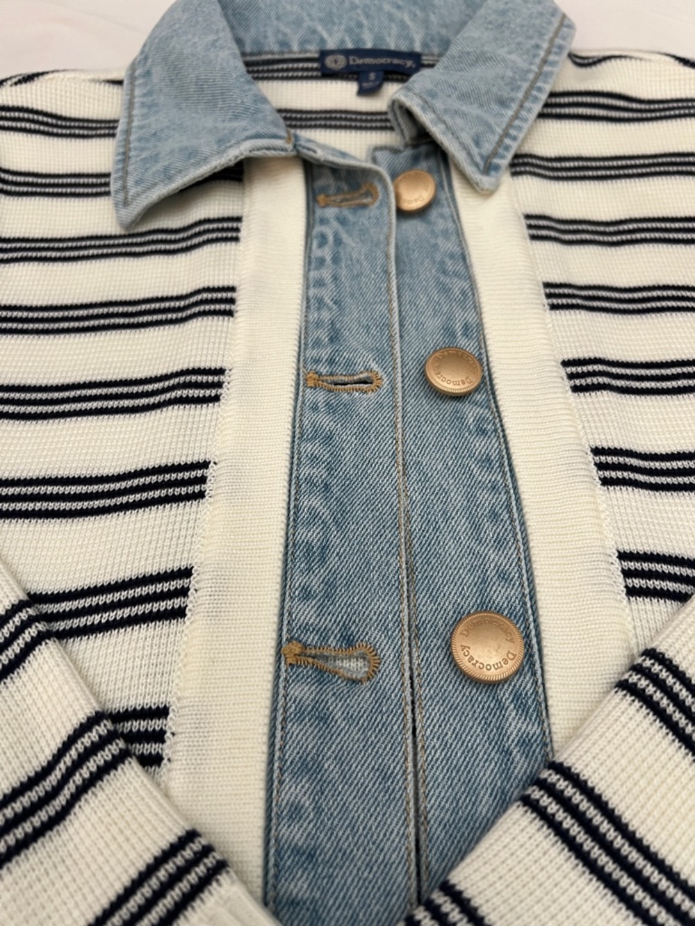 Democracy Striped Mixed Media Sweater Jacket with Denim Trim Small - Picture 6 of 6